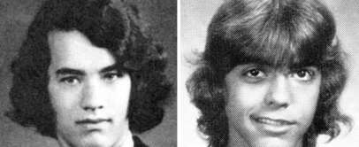 Celebrity yearbook photos - left is tom hanks, right is george clooney