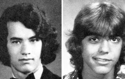 Celebrity yearbook photos - left is tom hanks, right is george clooney