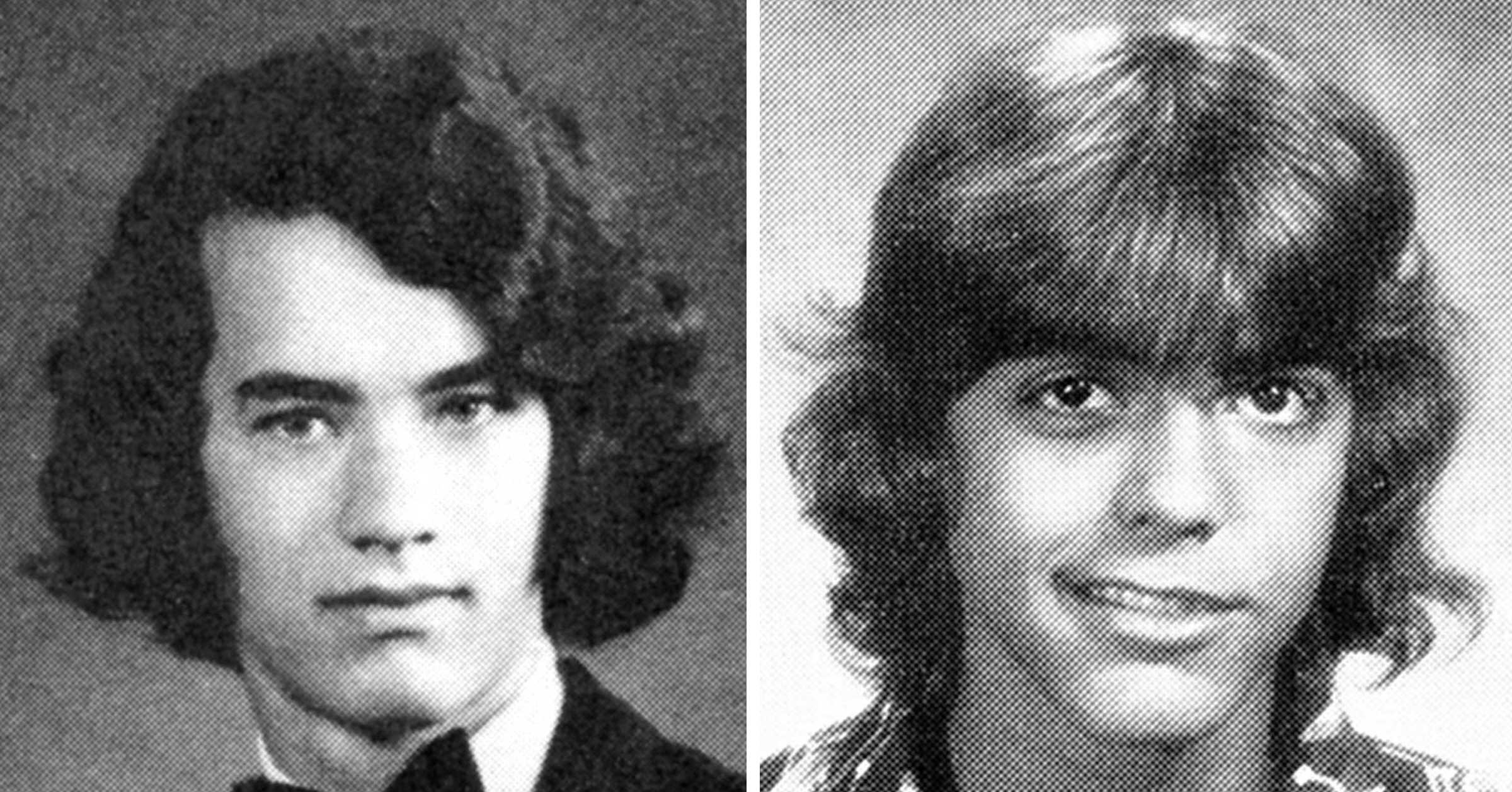 Celebrity yearbook photos - left is tom hanks, right is george clooney