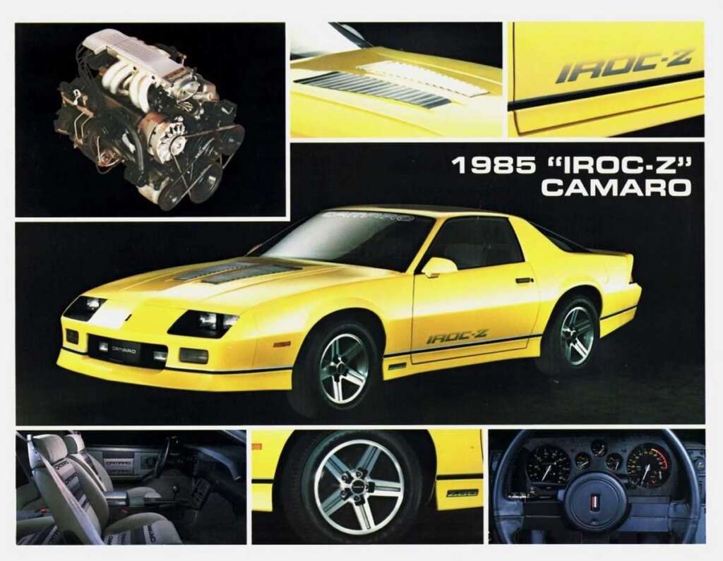 Collage showcasing one of the coolest cars from the 1980s: a yellow 1985 IROC-Z Camaro. It features images of the car's exterior, engine, front interior, rear seats, dashboard, and close-up of wheels. The iconic vehicle is highlighted in multiple angles and details.