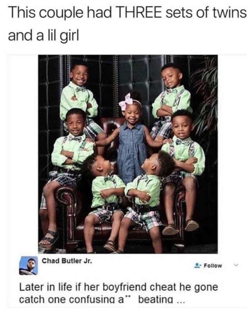 A family photo showing three sets of young twins, all wearing matching outfits. The two oldest stand behind, the middle set stands on either side, and the youngest sit on a chair with a little girl smiling in the center.