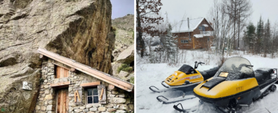 Left: A rustic stone cabin built into a rocky hillside. Right: Two yellow snowmobiles parked on a snow-covered ground in front of a wooden cabin surrounded by winter trees.