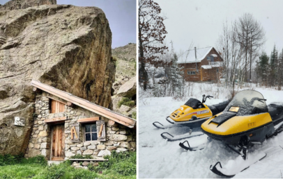 Left: A rustic stone cabin built into a rocky hillside. Right: Two yellow snowmobiles parked on a snow-covered ground in front of a wooden cabin surrounded by winter trees.