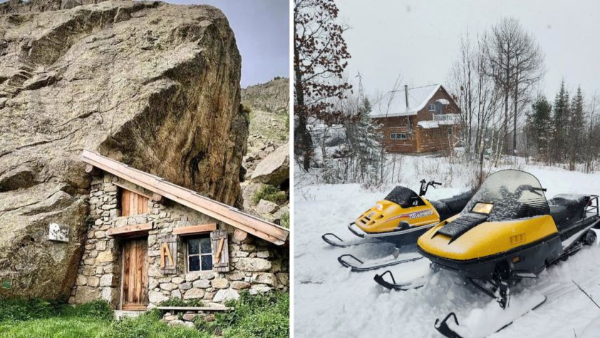 Left: A rustic stone cabin built into a rocky hillside. Right: Two yellow snowmobiles parked on a snow-covered ground in front of a wooden cabin surrounded by winter trees.