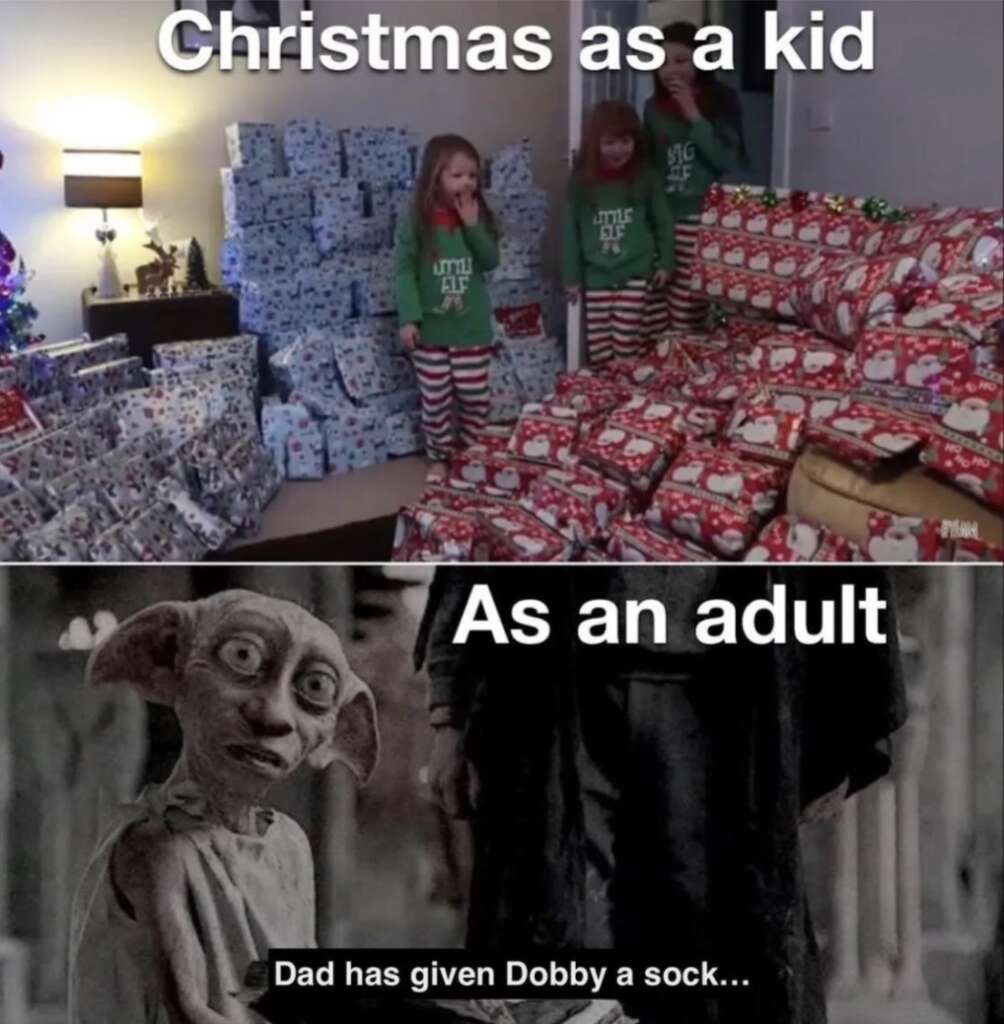 Top image shows two children in pajamas surrounded by many wrapped Christmas gifts. Bottom image features a character from a fantasy movie, looking surprised, with a caption: "Dad has given Dobby a sock..." The text contrasts childhood vs. adult Christmas.