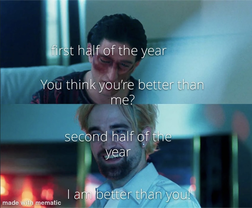 Two images portray the first half of the year as a beaten person asking, "You think you’re better than me?" The second half of the year is shown as a confident person responding, "I am better than you!