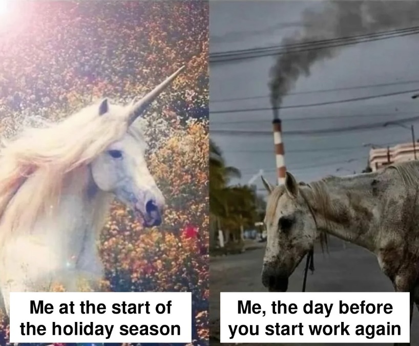 Left side: A majestic unicorn in a vibrant flower field, representing the start of the holiday season. Right side: A weathered horse in an industrial area with smoke in the background, symbolizing returning to work.