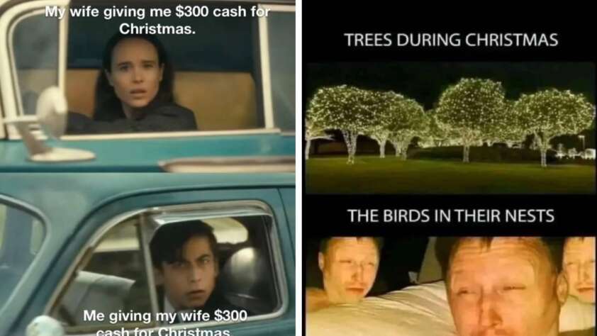 Left side: Two people in a car looking surprised with text, "My wife giving me $300 cash for Christmas. Me giving my wife $300 cash for Christmas." Right side: Lit trees labeled "Trees During Christmas" and people labeled "The Birds in Their Nests." Classic Christmas memes come to life!