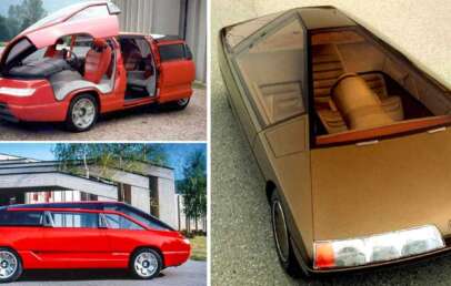 Collage of two concept cars: the Citroën Karin on the right and the left is two panels of the 1988 Bertone Lamborghini Gensis concept van