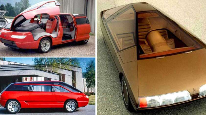 Collage of two concept cars: the Citroën Karin on the right and the left is two panels of the 1988 Bertone Lamborghini Gensis concept van