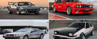 A collage of four of the coolest cars from the 1980s: a silver sports car on a track, a red car with gold wheels in a garage, a silver stainless steel beauty in a parking area, and a black and white car with pop-up headlights gracing the street.