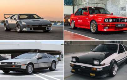 A collage of four of the coolest cars from the 1980s: a silver sports car on a track, a red car with gold wheels in a garage, a silver stainless steel beauty in a parking area, and a black and white car with pop-up headlights gracing the street.