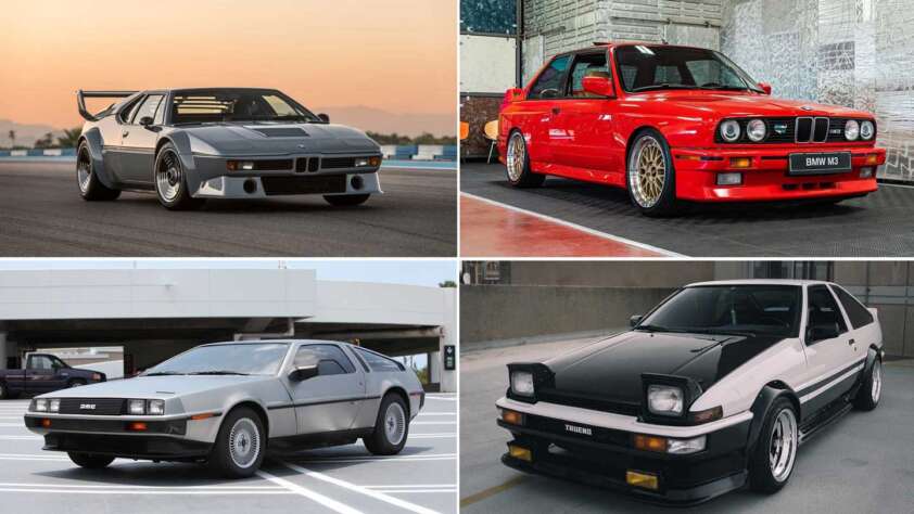 A collage of four of the coolest cars from the 1980s: a silver sports car on a track, a red car with gold wheels in a garage, a silver stainless steel beauty in a parking area, and a black and white car with pop-up headlights gracing the street.