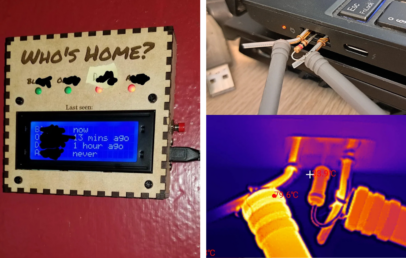 A wooden device labeled "Who's Home?" with a digital screen showing times people were last seen is mounted on a red wall. The right side shows network cables in a thermal image, highlighting temperature readings of 39°C and 76°C.