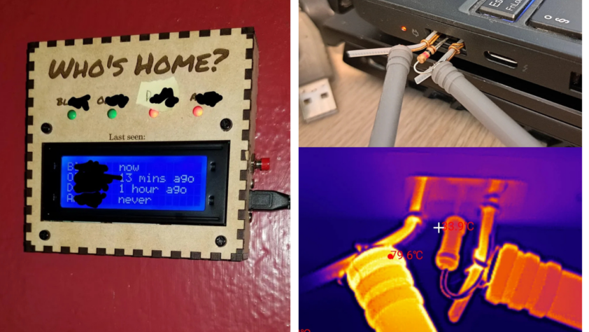 A wooden device labeled "Who's Home?" with a digital screen showing times people were last seen is mounted on a red wall. The right side shows network cables in a thermal image, highlighting temperature readings of 39°C and 76°C.