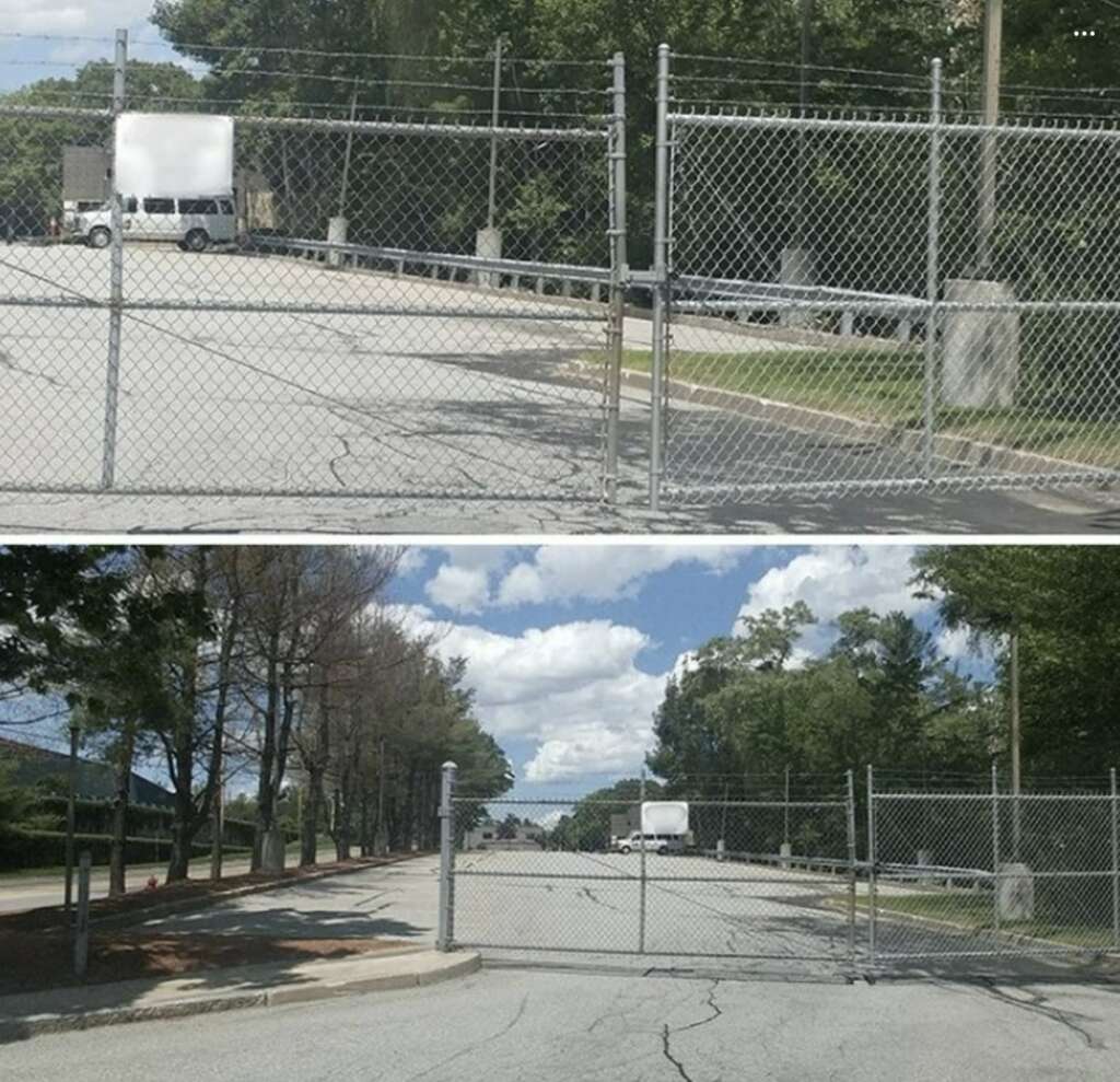 Two images show a chain-link fence gate blocking a road. The gate is closed and stretches across the street. Trees and utility poles line the sides of the road, and the sky is partly cloudy.