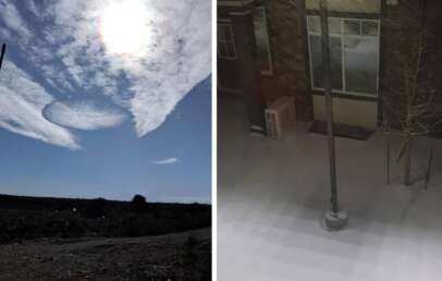 Left side: A cloud-filled sky with a circular gap exposing the sun. Right side: A snowy nighttime scene with a streetlamp illuminating a snow-covered ground near a house.