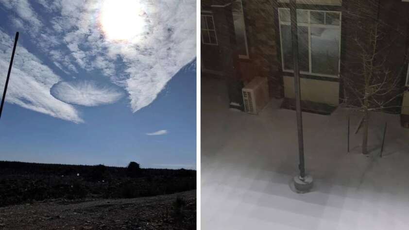 Left side: A cloud-filled sky with a circular gap exposing the sun. Right side: A snowy nighttime scene with a streetlamp illuminating a snow-covered ground near a house.