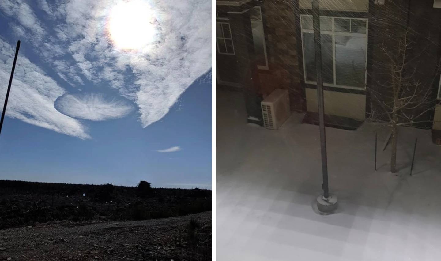 Left side: A cloud-filled sky with a circular gap exposing the sun. Right side: A snowy nighttime scene with a streetlamp illuminating a snow-covered ground near a house.