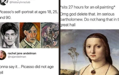 A tweet showing Picasso's self-portraits at ages 18, 25, and 90, with a humorous comment about aging. Next to it is a classical portrait with a funny caption about spending 27 hours on an oil painting and being told not to hang it in the hall.