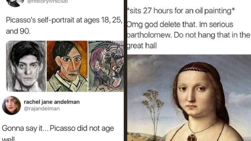 A tweet showing Picasso's self-portraits at ages 18, 25, and 90, with a humorous comment about aging. Next to it is a classical portrait with a funny caption about spending 27 hours on an oil painting and being told not to hang it in the hall.