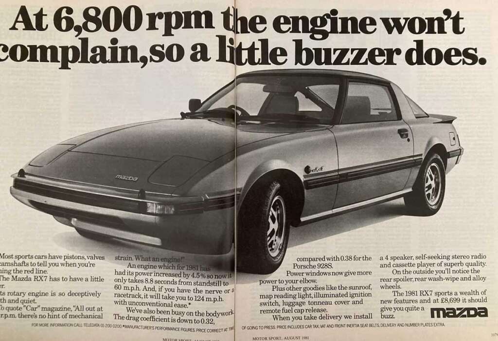 A 1980s Mazda RX-7 car ad showcases one of the coolest cars from the era, featuring a silver sports car with pop-up headlights. Bold text highlights engine performance at 6,800 rpm. Additional text details specifications and comparisons, with the Mazda logo in the corner.