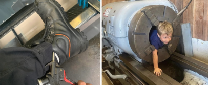 Left image: A person in black boots operates a pedal inside a vehicle. Right image: A child crawls through a large industrial machine part with a circular opening. The surroundings appear to be a workshop or industrial setting.