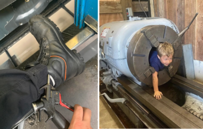 Left image: A person in black boots operates a pedal inside a vehicle. Right image: A child crawls through a large industrial machine part with a circular opening. The surroundings appear to be a workshop or industrial setting.