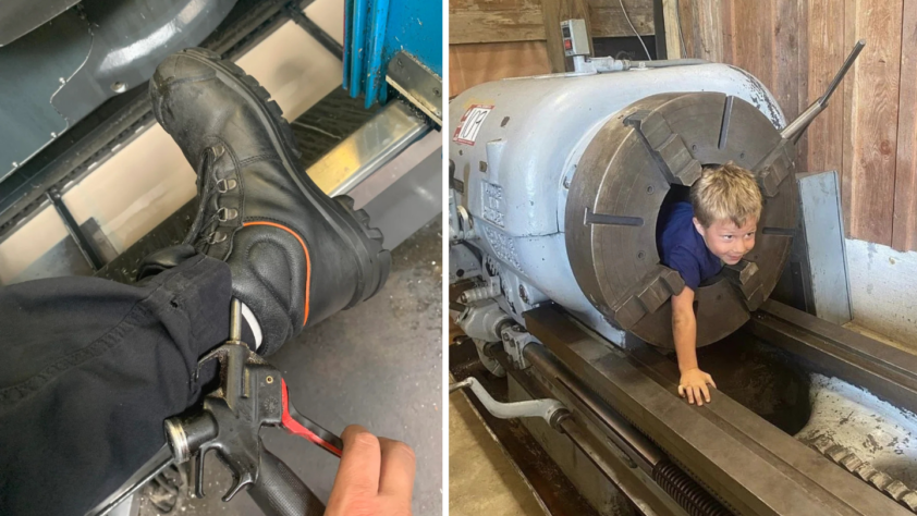 Left image: A person in black boots operates a pedal inside a vehicle. Right image: A child crawls through a large industrial machine part with a circular opening. The surroundings appear to be a workshop or industrial setting.