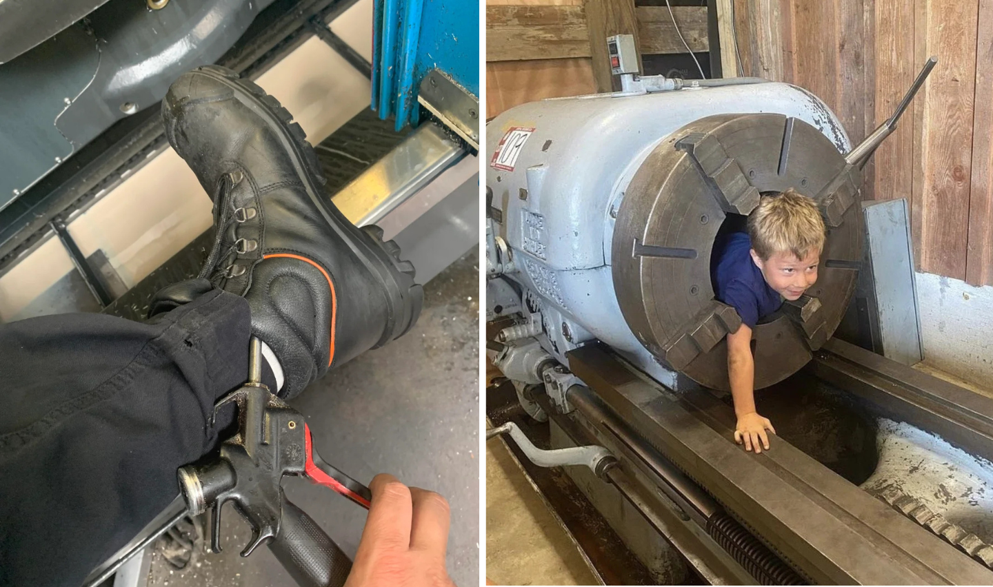 Left image: A person in black boots operates a pedal inside a vehicle. Right image: A child crawls through a large industrial machine part with a circular opening. The surroundings appear to be a workshop or industrial setting.