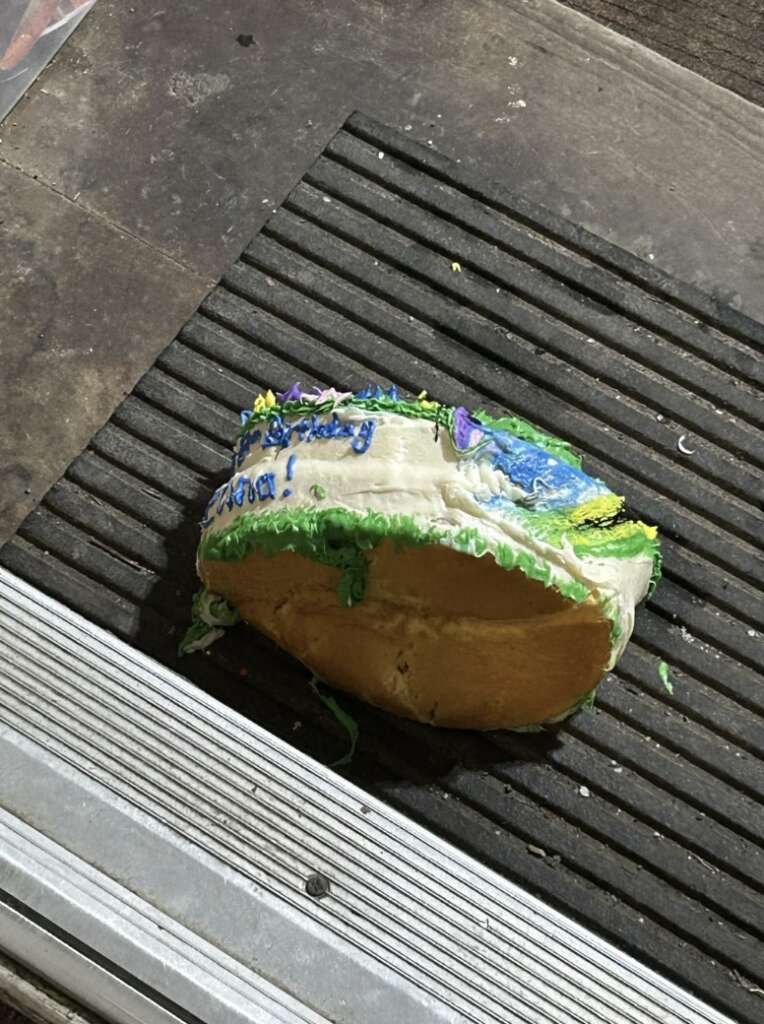 A damaged cake with colorful frosting lies on a dark striped mat in front of a door, presenting a mildly infuriating scene. The cake is partially crushed, with green, blue, and yellow icing visible, suggesting it may have taken an unfortunate fall.