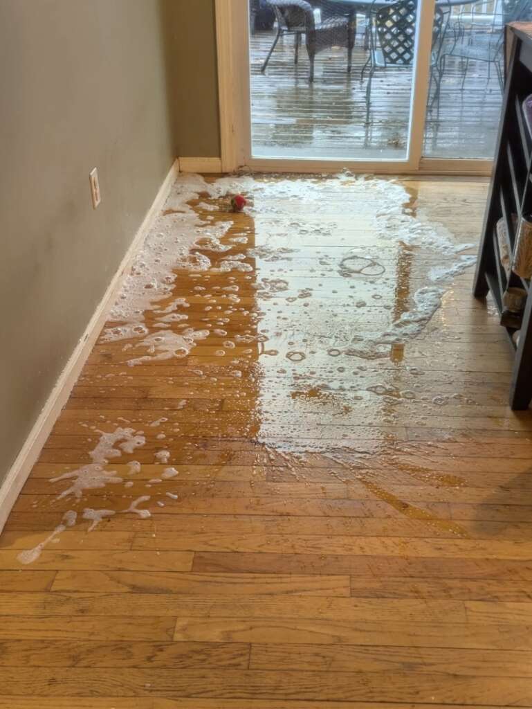 A wooden floor, mildly infuriatingly soaked with foamy water, extends toward a sliding glass door leading to a wet patio. A small red object sits by the door, while a dark piece of furniture partially intrudes from the right.