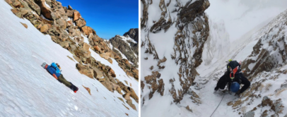 Left image: A person sliding down a snowy slope in a prone position, surrounded by rocky terrain under a clear blue sky. Right image: Climbers are ascending a steep, narrow snowy ravine with ropes, encircled by jagged rocks.