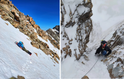 Left image: A person sliding down a snowy slope in a prone position, surrounded by rocky terrain under a clear blue sky. Right image: Climbers are ascending a steep, narrow snowy ravine with ropes, encircled by jagged rocks.