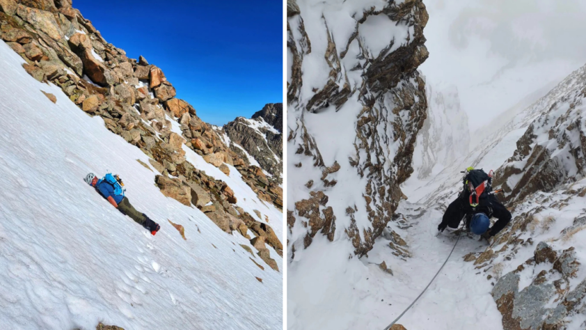 Left image: A person sliding down a snowy slope in a prone position, surrounded by rocky terrain under a clear blue sky. Right image: Climbers are ascending a steep, narrow snowy ravine with ropes, encircled by jagged rocks.