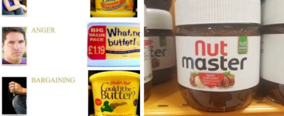 A humorous image depicting the stages of grief with various margarine and spread products. Denial: Woman with hands crossed, "I Can't Believe It's Not Butter." Anger: Man frowning, "What, no butter!" Bargaining: "Could it be butter?" Depression: "Utterly Butterly." Acceptance: "Nut Master" hazelnut spread jar.