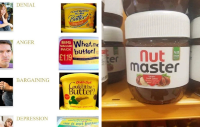 A humorous image depicting the stages of grief with various margarine and spread products. Denial: Woman with hands crossed, "I Can't Believe It's Not Butter." Anger: Man frowning, "What, no butter!" Bargaining: "Could it be butter?" Depression: "Utterly Butterly." Acceptance: "Nut Master" hazelnut spread jar.