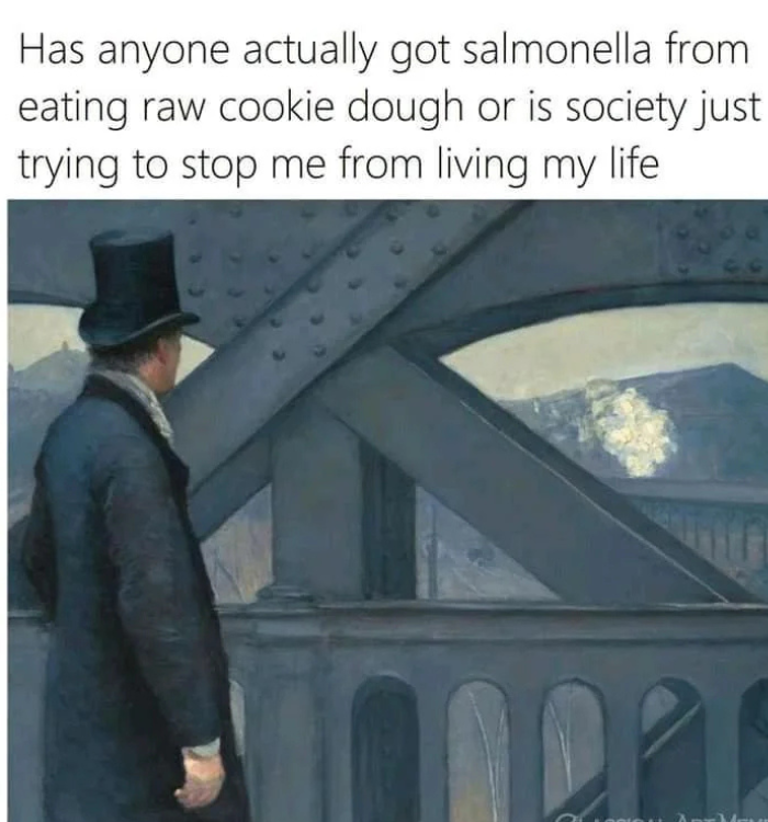 A man in a top hat and coat looks at a scene under a bridge. Text above reads: "Has anyone actually got salmonella from eating raw cookie dough or is society just trying to stop me from living my life?