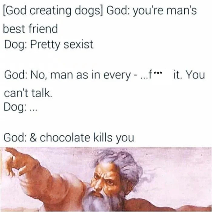 A humorous comic featuring a conversation between God and a dog. God explains the phrase "man's best friend," and the dog calls it sexist. God then mentions the dog's inability to talk and the danger of chocolate. A painting of God pointing is shown.