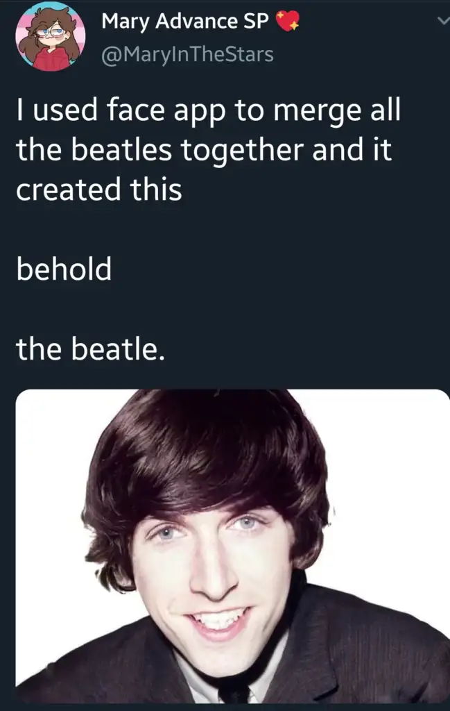 Screenshot of a tweet by Mary Advance SP, stating they used FaceApp to merge all the Beatles into one. Below is an image of a person with features combined from all the Beatles, labeled "the beatle.