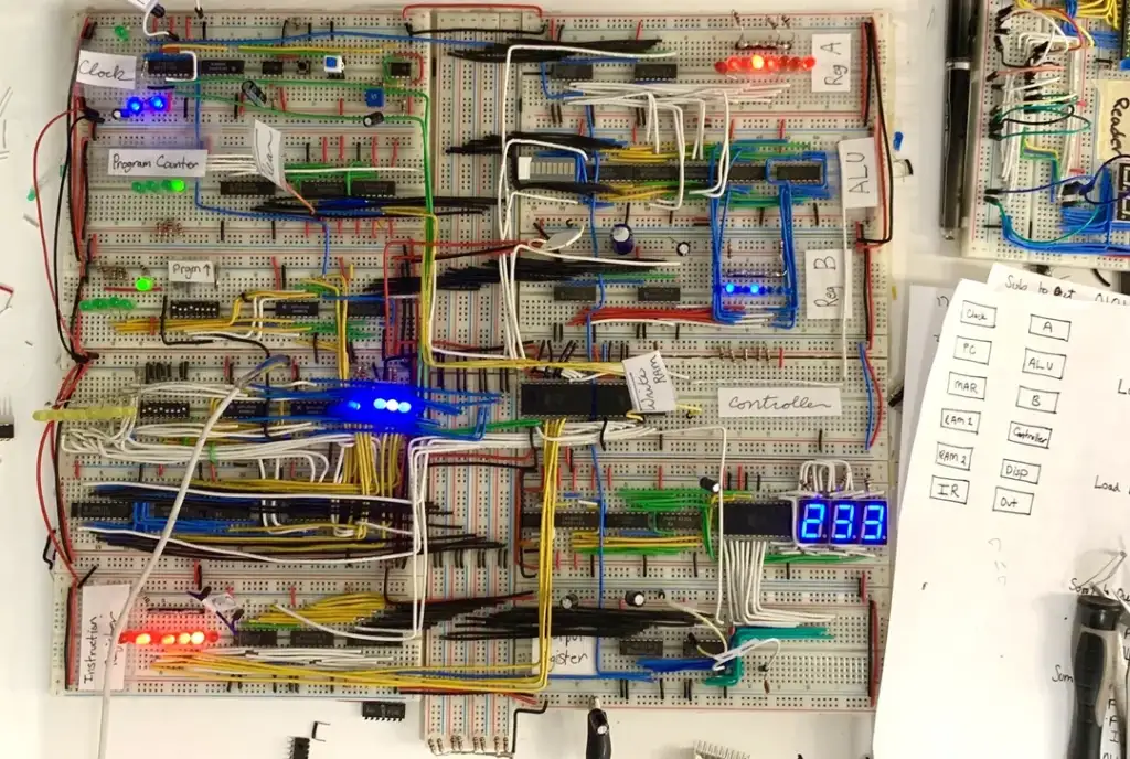 A complex breadboard project with numerous electronic components, wires, and LED lights. Labels like "Lock," "ALU," and "Program" are visible. A digital display shows "283." Papers with diagrams are placed nearby.