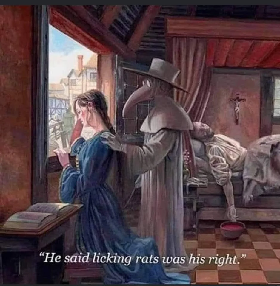 A historical scene with a woman reading by a window. A figure in a plague doctor outfit stands behind her, and a sick person lies in bed. The text below reads, "He said licking rats was his right.