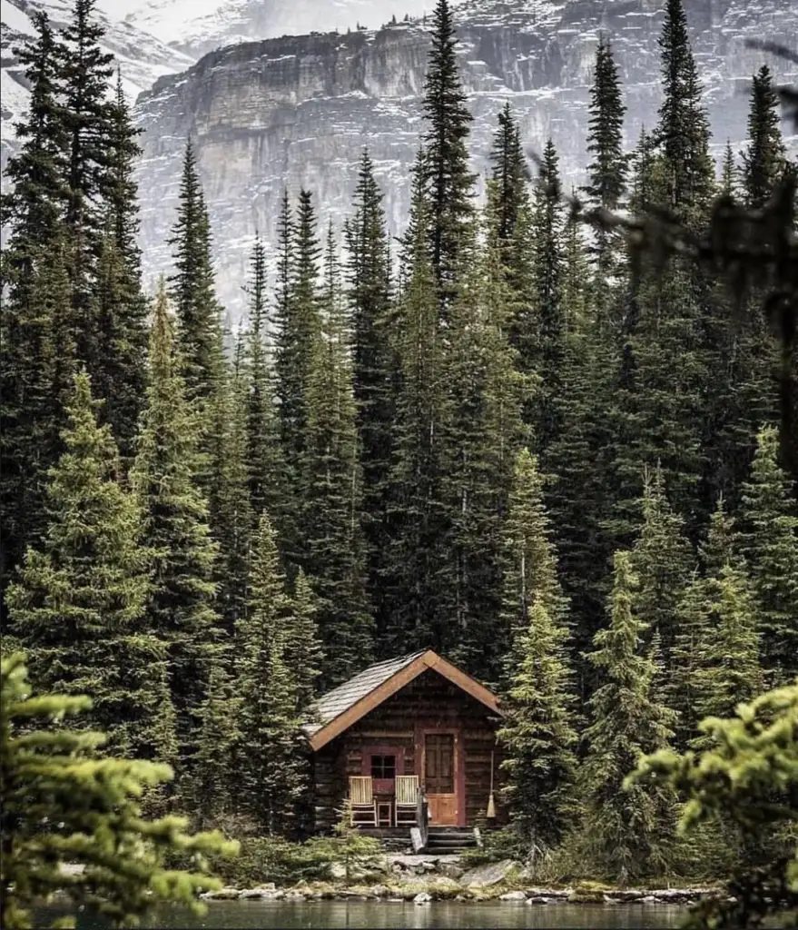 A small wooden cabin is nestled among tall evergreen trees at the edge of a serene lake. Snow-capped mountains rise majestically in the background, creating a peaceful and secluded natural setting.