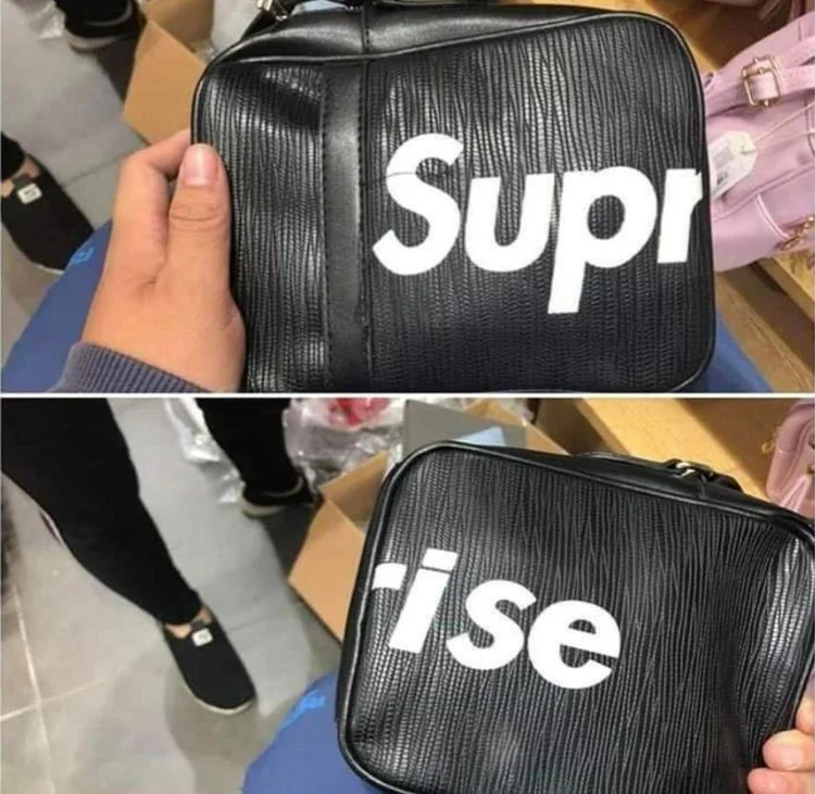 Two images show a black leather bag with a zipper, styled to resemble a designer brand. The first image shows the text "Supr" and the second image shows "rise," humorously forming "Surprise" when combined. A hand is holding the bag.