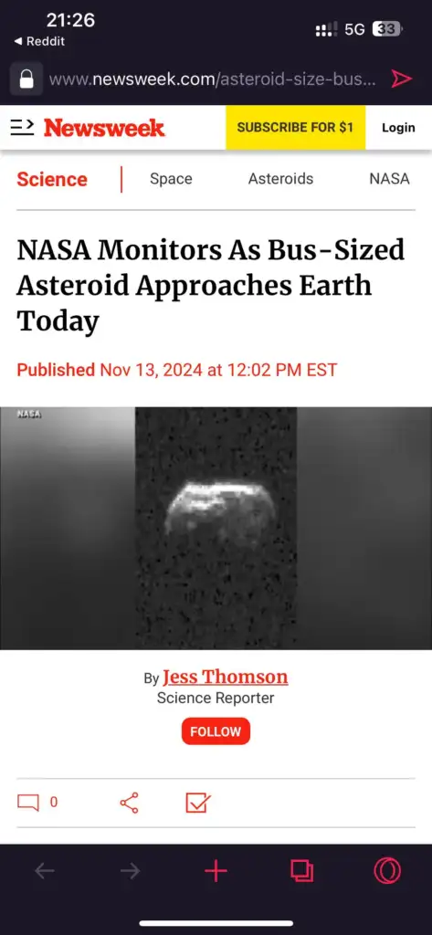 Screenshot of a Newsweek article titled "NASA Monitors As Bus-Sized Asteroid Approaches Earth Today," published on November 13, 2024. Below the headline, an image shows a grainy black and white photo of an asteroid. The author's byline is included.