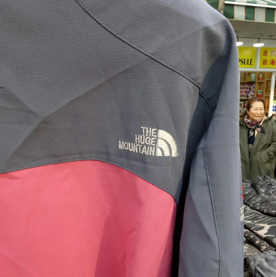 Close-up of a jacket with a logo that reads "The Huge Mountain," resembling a popular outdoor brand. The jacket is gray and pink. In the background, a woman stands near a rack of clothes in a store.