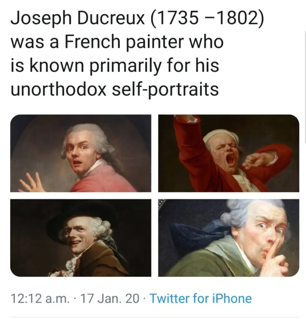 Collage of four paintings by Joseph Ducreux, featuring self-portraits with expressive and unconventional poses and facial expressions. Text above provides the artist's name, lifespan, and mentions his unique style.