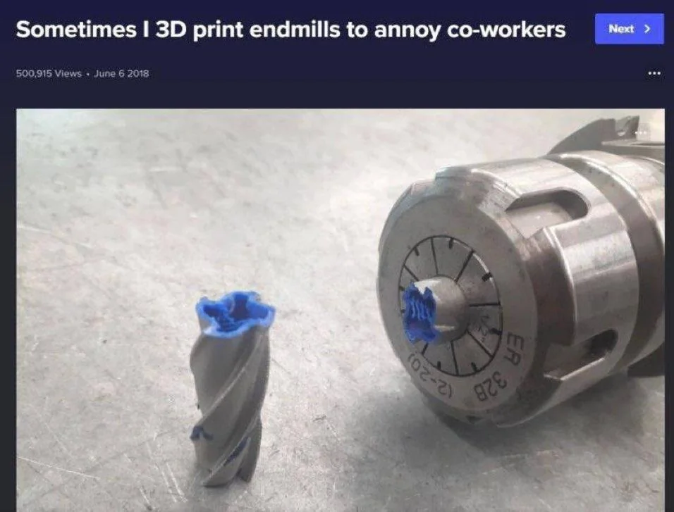 A blue 3D-printed endmill is placed next to a metal endmill holder on a workbench. The caption reads, "Sometimes I 3D print endmills to annoy co-workers." The post has over 500,000 views from June 6, 2018.