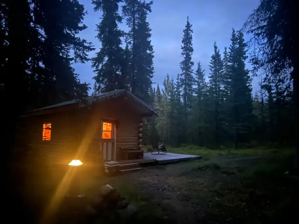 A cozy cabin with warm light glowing from its windows sits amidst tall pine trees in a forested area at dusk. A single outdoor lamp illuminates the path leading to the cabin's wooden deck. The sky is dimly lit, suggesting early evening.