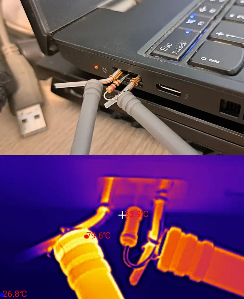 A close-up of a laptop with cables connected to USB ports. The bottom part is a thermal image showing heat levels from the ports, with temperatures labeled 26.8°C, 79.6°C, and 39.9°C. The ports appear as hot spots in bright colors.